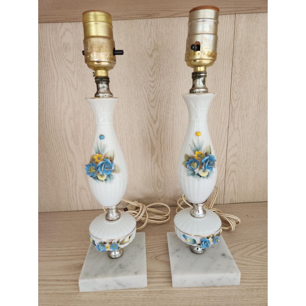 Vintage Hollywood Regency White Porcelain Marble Mid Century Floral Lamps